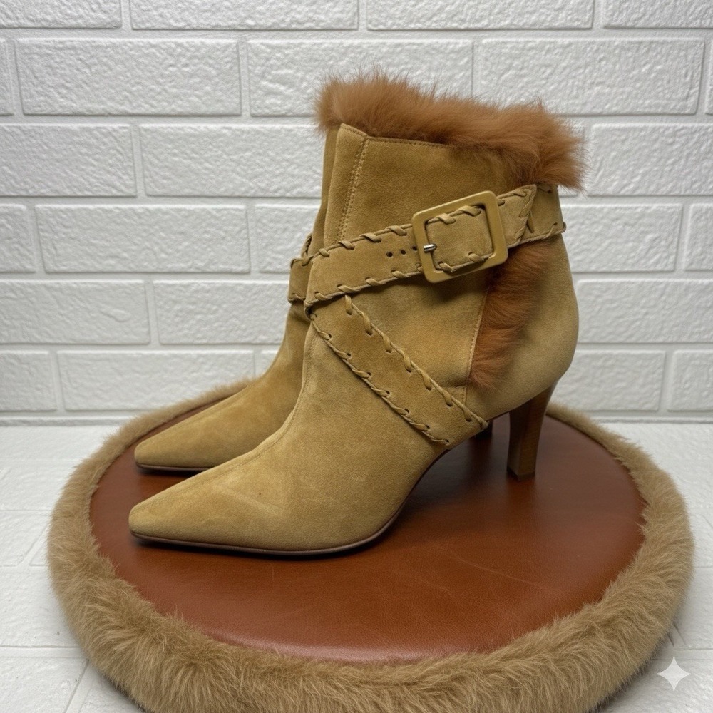 Antonio Melani🔥Vtg Y2K 🤑Camel Suede Fur Trim‎ Pointed Toe Stiletto Boot $225